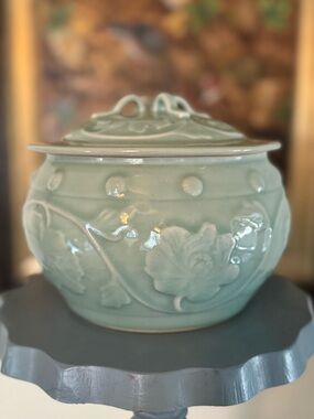 Vintage Celadon Green Floral Lidded Ceramic Old World Jar